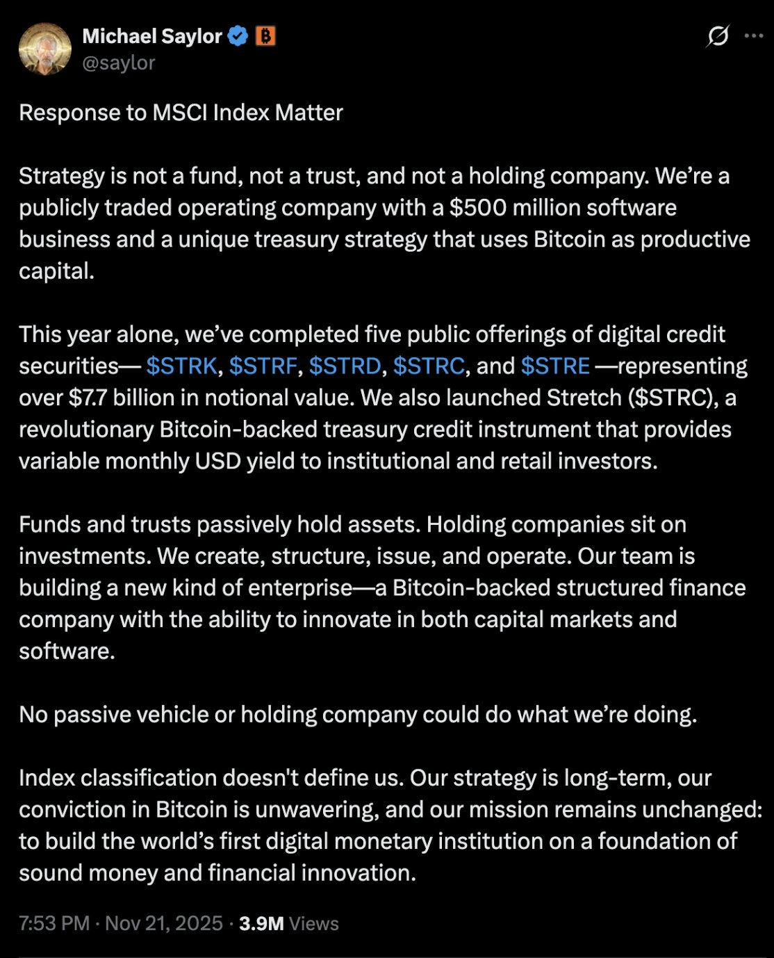 MSCI Targets Strategy: Bitcoin Treasury Model Faces Index Exclusion